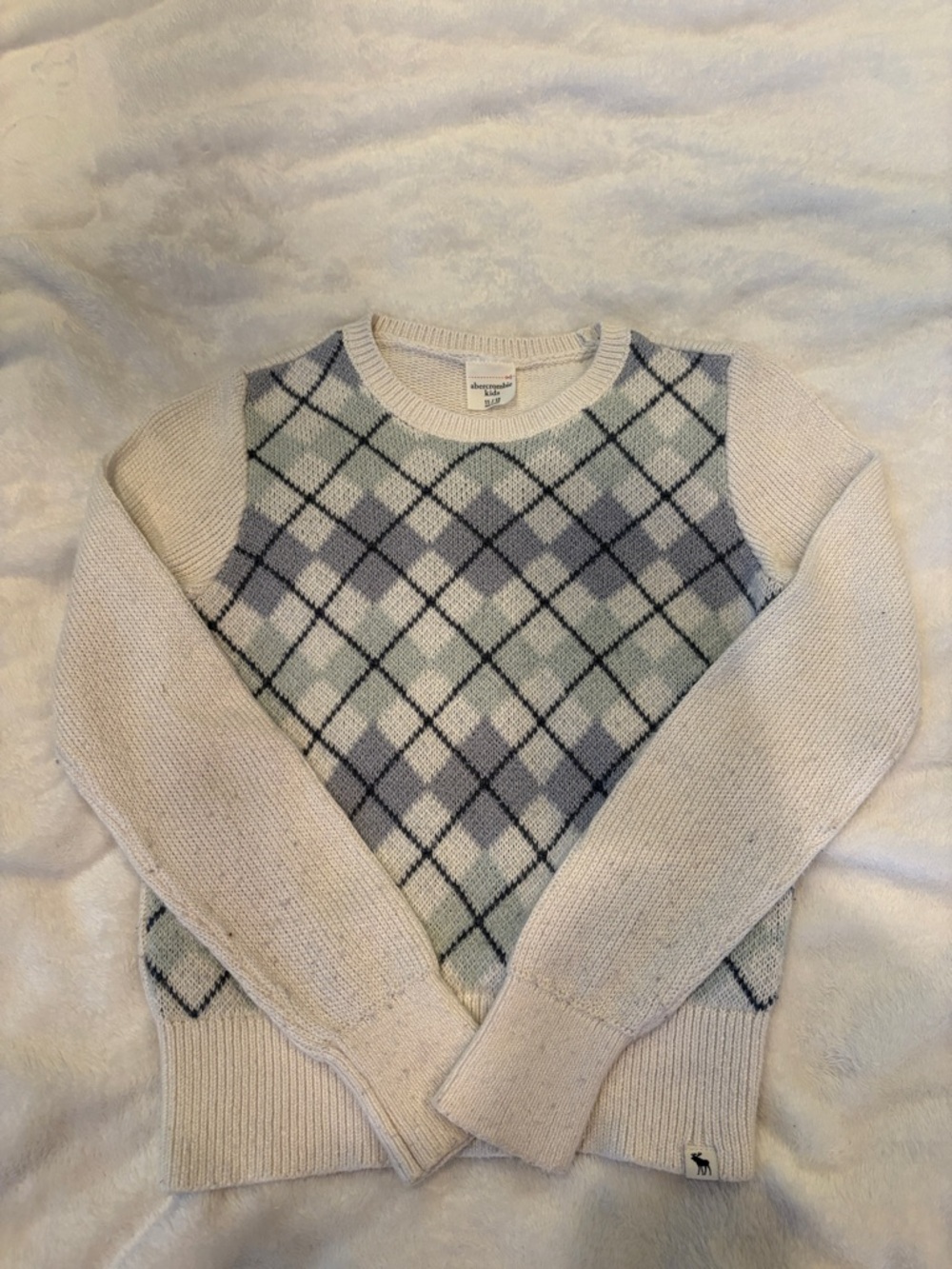 abercrombie kids Cream Crewneck Sweater with Blue Argyle